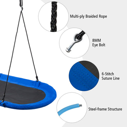 The oval swing with callouts highlighting the rope, eye bolt, stitching and steel frame