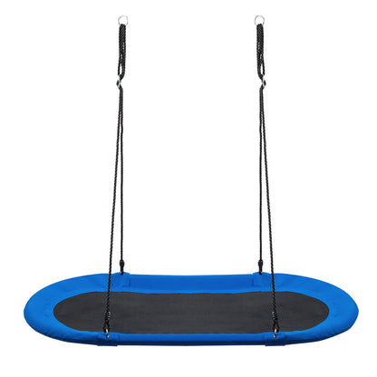 150 cm Oval Swing with blue padded rim and black central mat suspended by black braided ropes