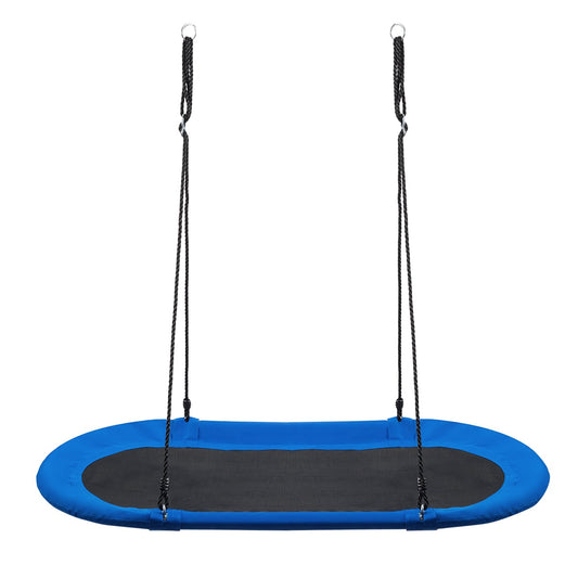 150 cm Oval Swing with blue padded rim and black central mat suspended by black braided ropes