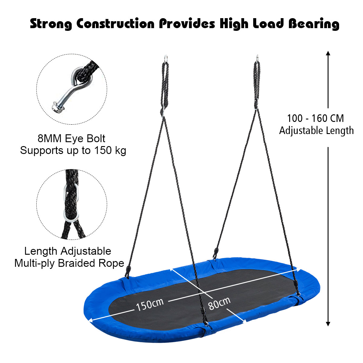 The oval swing with diagrams showing rope adjustment and metal eye bolt details