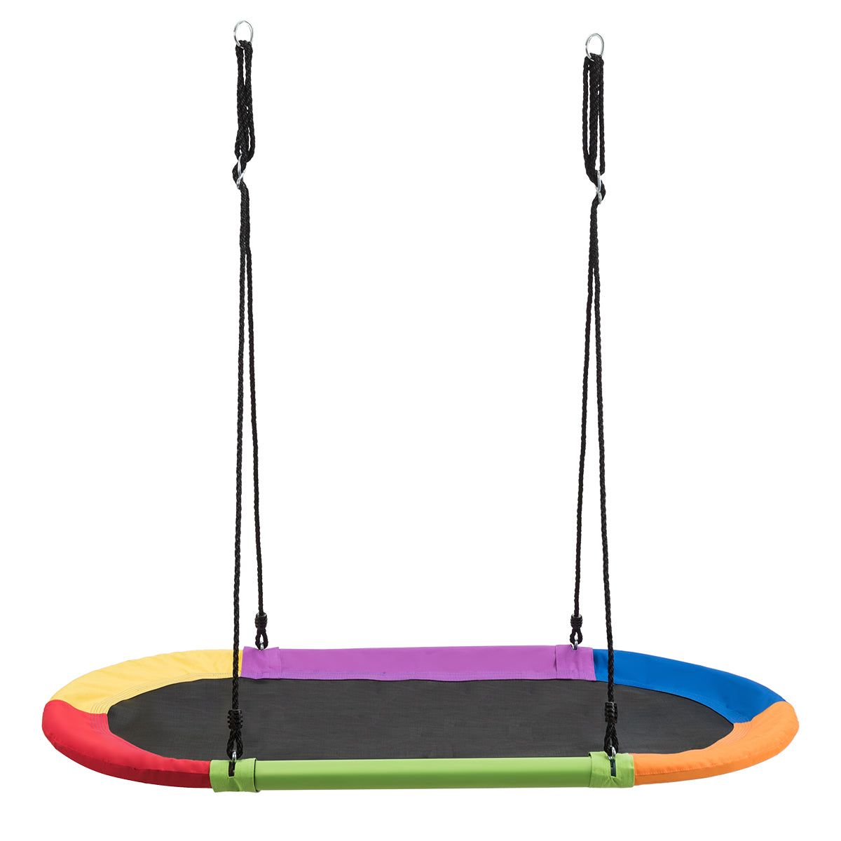 150 cm Oval Swing with height-adjustable rope for outdoor indoor use, showing the full product with multicoloured edges