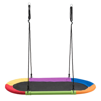 150 cm Oval Swing with height-adjustable rope for outdoor indoor use, showing the full product with multicoloured edges