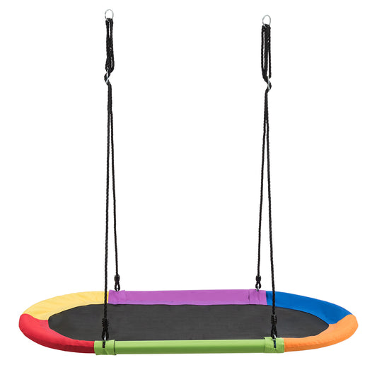 150 cm Oval Swing with height-adjustable rope for outdoor indoor use, showing the full product with multicoloured edges