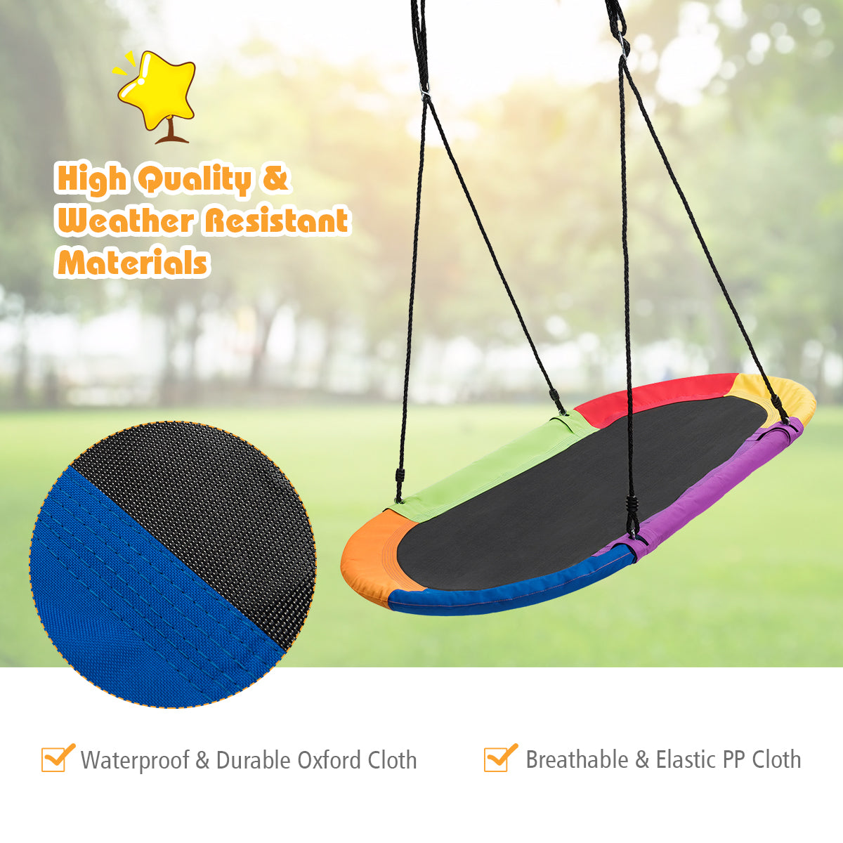 Close-up of the oval swing material, highlighting waterproof and breathable features