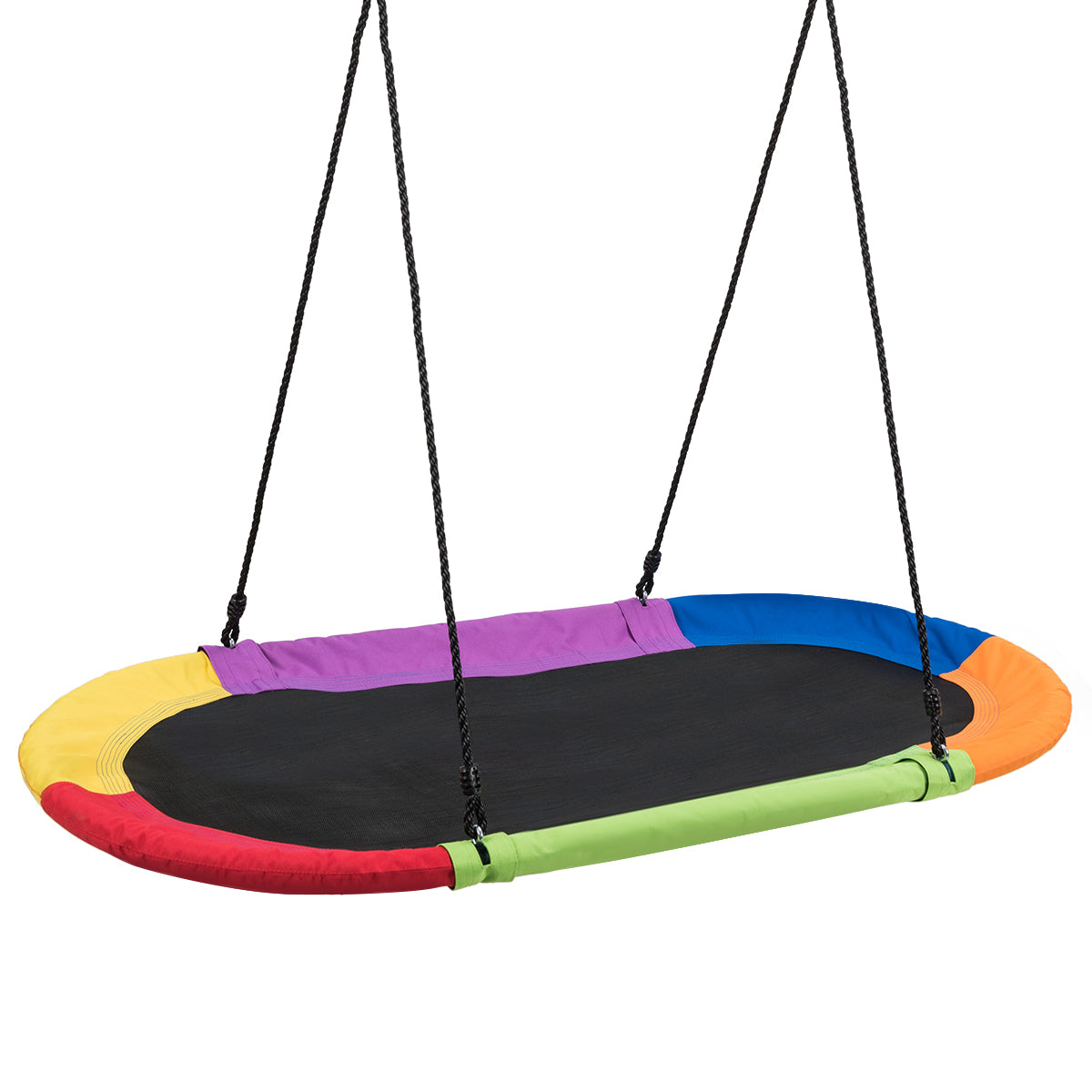 The oval swing with multicoloured edges and black centre, suspended by ropes