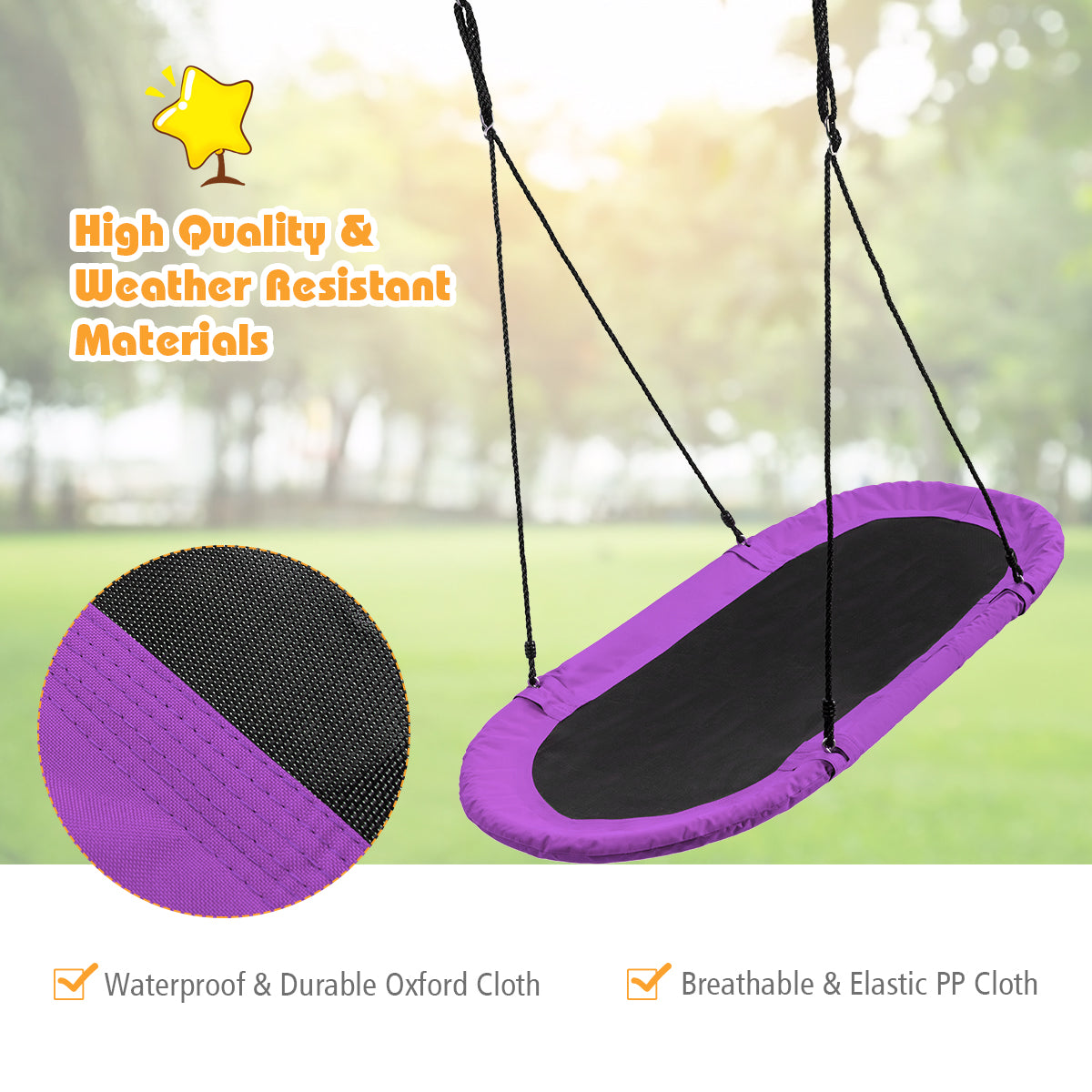 Close up of the oval swing's waterproof and breathable fabric