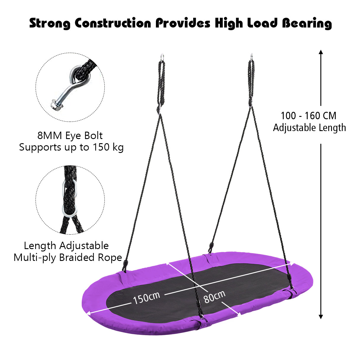 Diagram showing the oval swing's dimensions and adjustable length