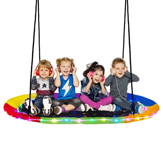 150 cm Saucer Swing with LED lights and adjustable ropes, colourful, with four children wearing headphones