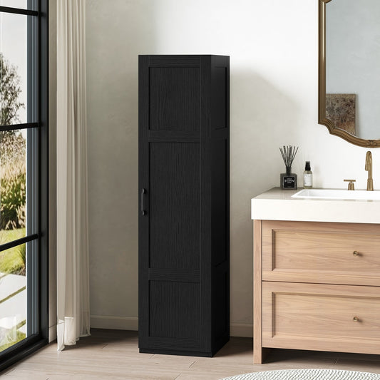 The tall storage cabinet standing in a bright bathroom next to a wooden vanity unit