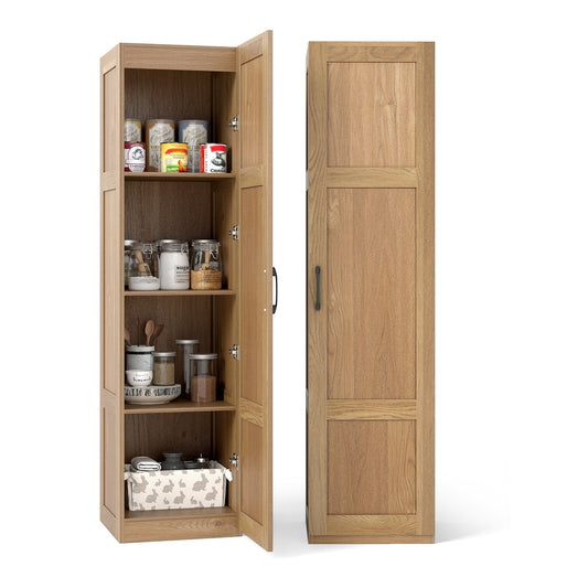 150 cm Tall 4-Tier Freestanding Storage Floor Cabinet-Natural with doors open showing shelves and contents