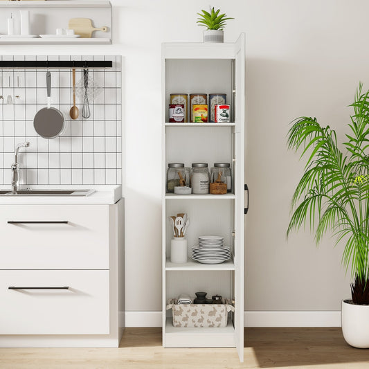 The cabinet in a kitchen setting with its door open, displaying food and dishes on the shelves