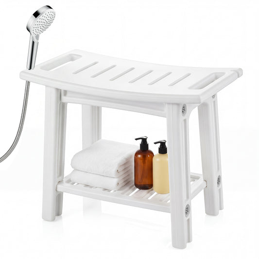 150 KG Capacity HDPE Shower Bench with a lower shelf holding towels and bottles next to a shower head