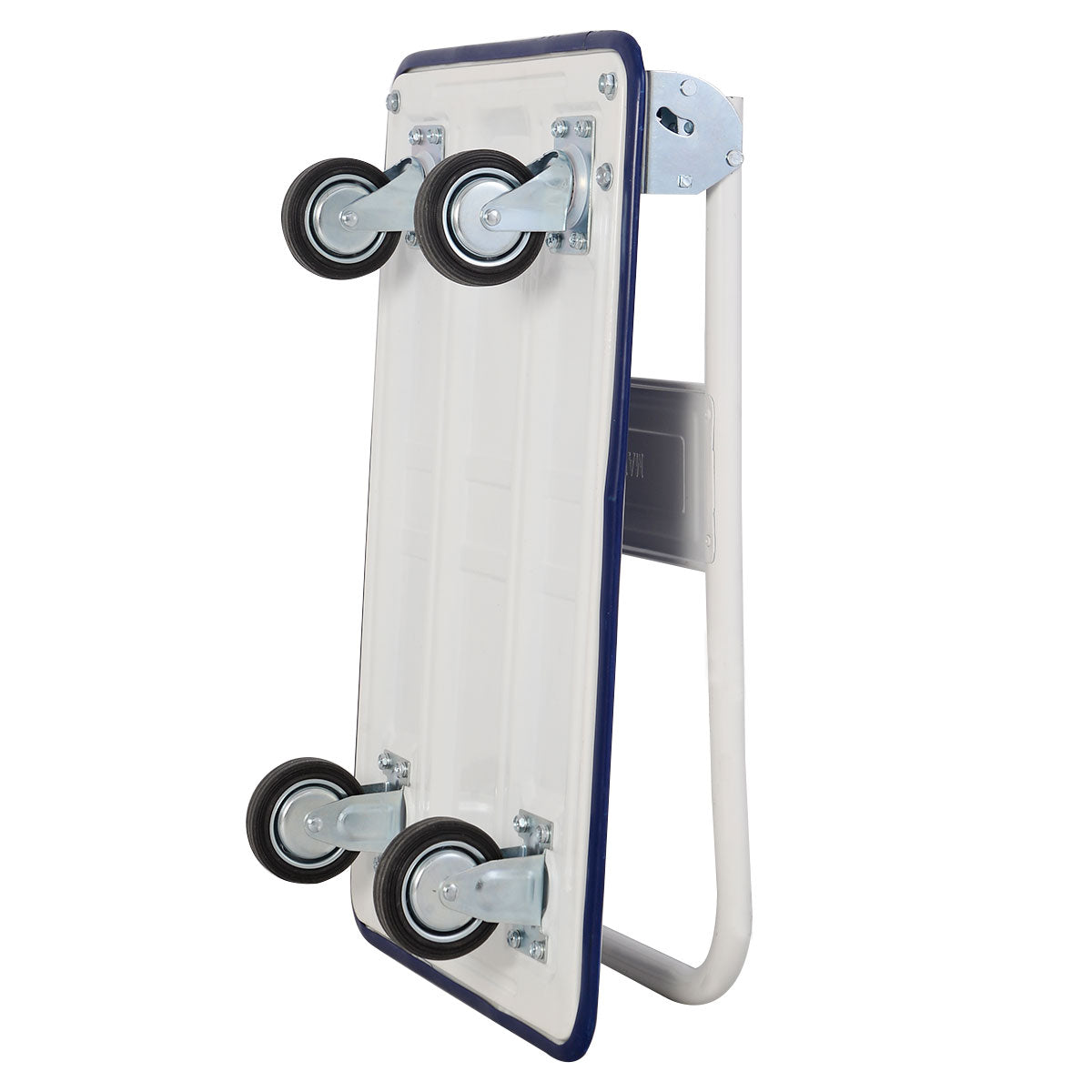 The folded platform cart dolly standing upright on its wheels