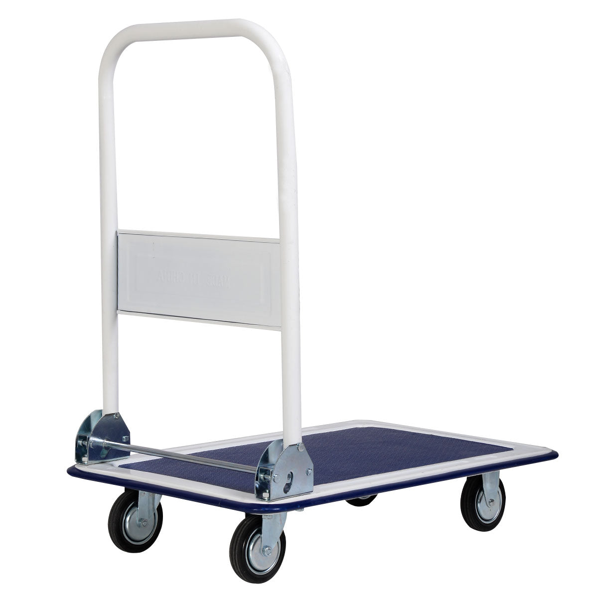 The folding platform cart dolly with its handle upright and platform flat