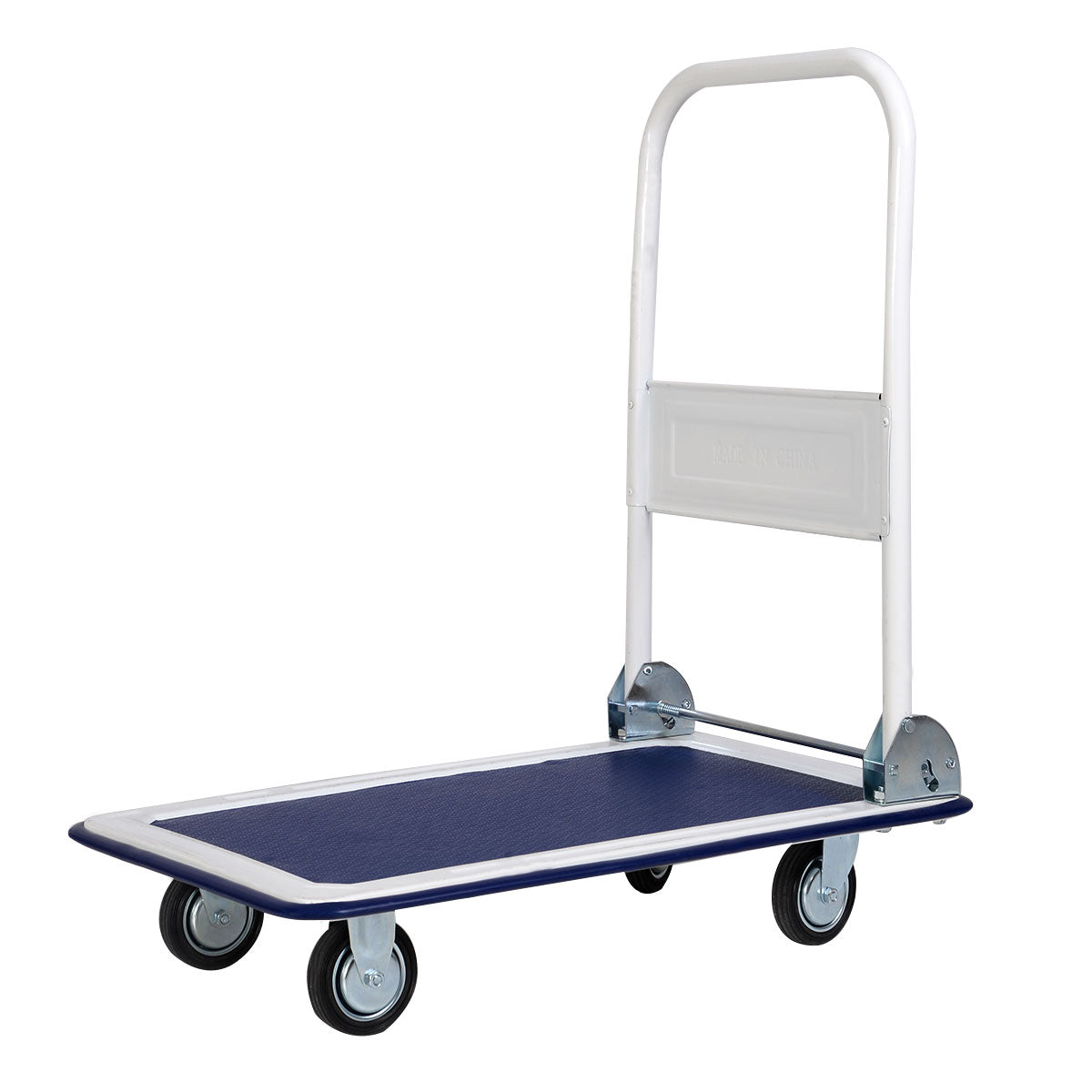 The blue and white platform dolly with its handle up and ready for use