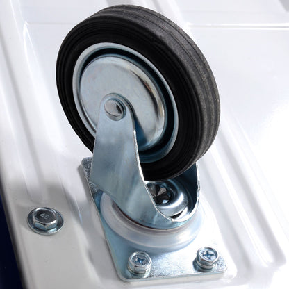 Close-up of a black rubber wheel and metal bracket on the garden cart