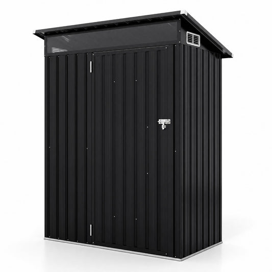 Outdoor Storage Shed with Lockable Door and Sloping Roof in dark grey, shown against a white background