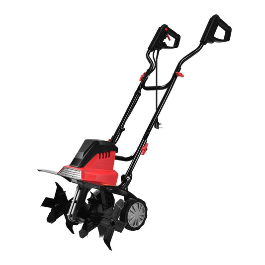 1500W Corded Electric Garden Tiller with 6 Blade Till shown from a side angle on a white background