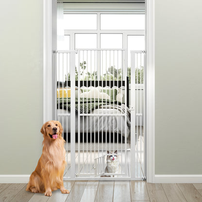 The tall pet gate is open, with a golden retriever and a cat in a hallway