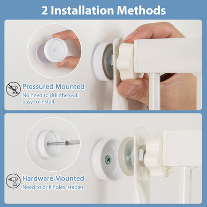 Two installation methods for the tall pet gate: pressure mounted and hardware mounted