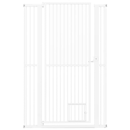 150CM Extra Tall Pet Gate, a tall white metal safety gate with a walk-through door