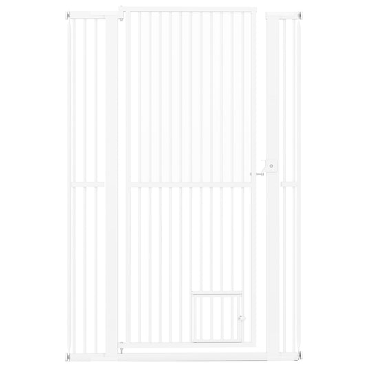 150CM Extra Tall Pet Gate, a tall white metal safety gate with a walk-through door