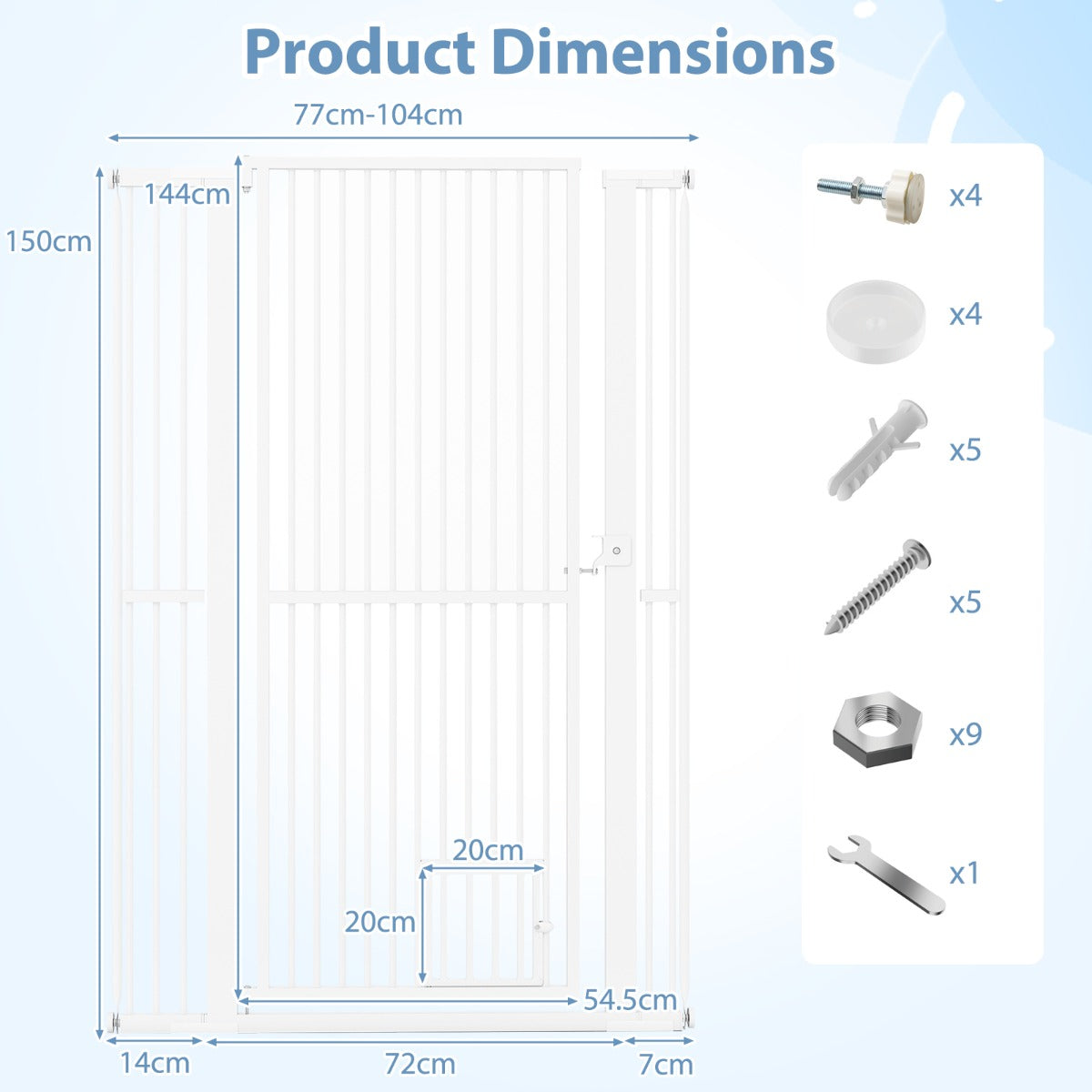 The tall pet gate with dimensions shown in cm and inches, and hardware included