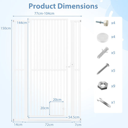 The tall pet gate with dimensions shown in cm and inches, and hardware included