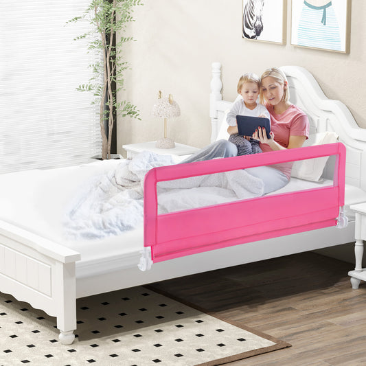 The bed rail installed on a white bed with a mother and child sitting beside it