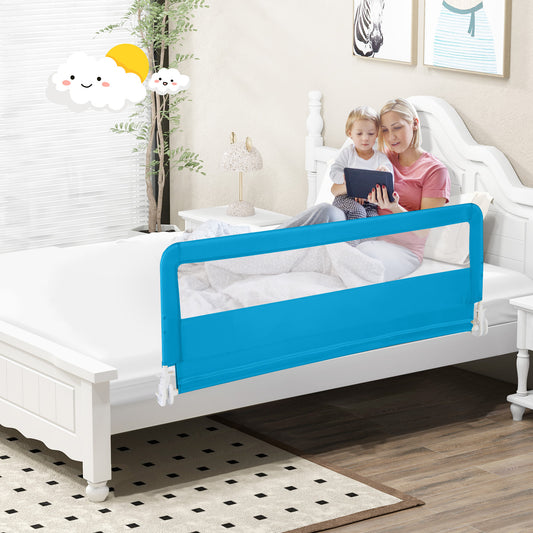 A mother and child sitting on a bed with the blue bed rail guard installed