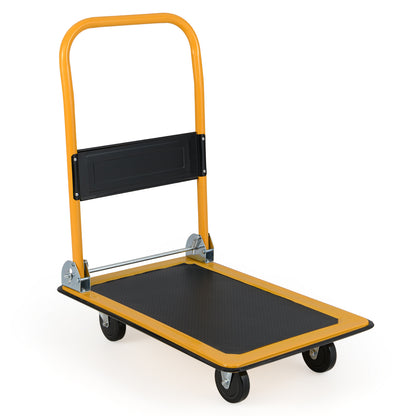 150KG Weight Capacity Folding Push Cart Dolly with a yellow frame and black platform