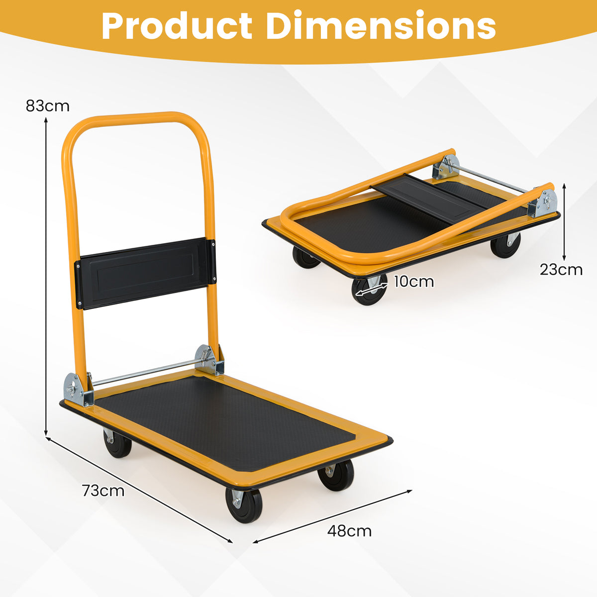 the push cart with labels showing the height, width and depth of the frame