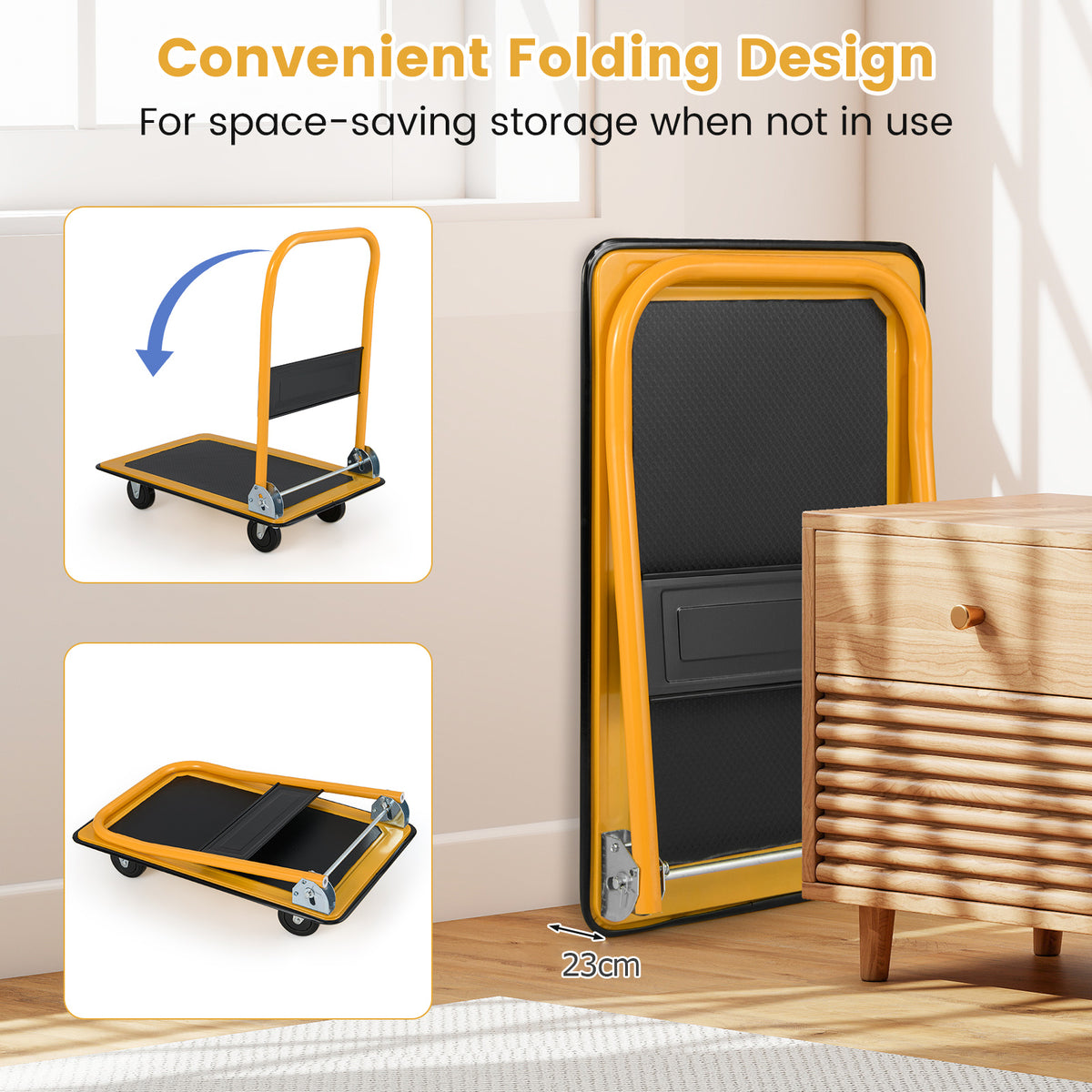 the push cart folded and stored upright in a small space next to a wooden cabinet