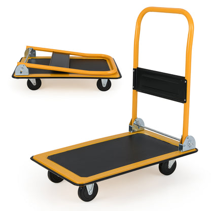 the push cart shown in both its upright position and folded down for storage