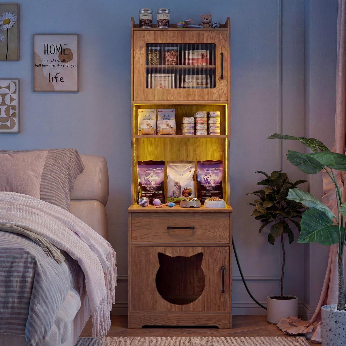 152 cm Tall Cat Litter Box Enclosure with Adjustable LED Light-Natual