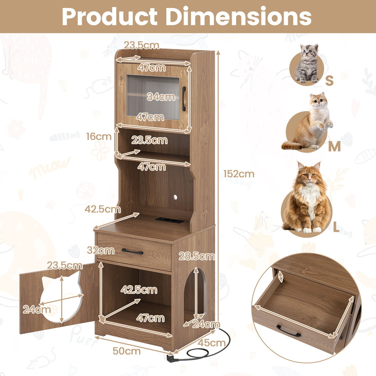 152 cm Tall Cat Litter Box Enclosure with Adjustable LED Light-Natual