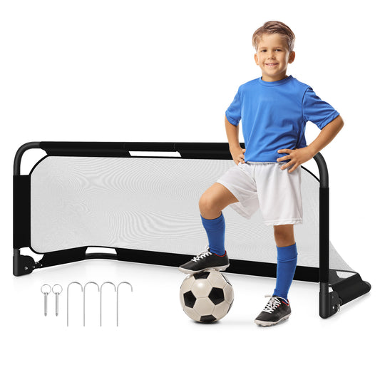 Foldable Soccer Goal for Kids with net and ground stakes, a boy stands next to it