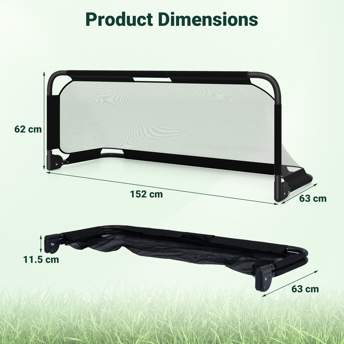 Product dimensions diagram showing the size of the foldable soccer goal
