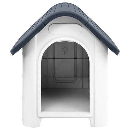 The dog house shows its pitched roof and open doorway with white walls