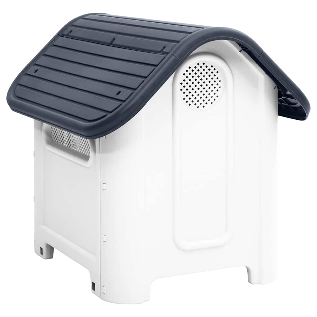The dog house shows its side with ventilation holes and a pitched roof