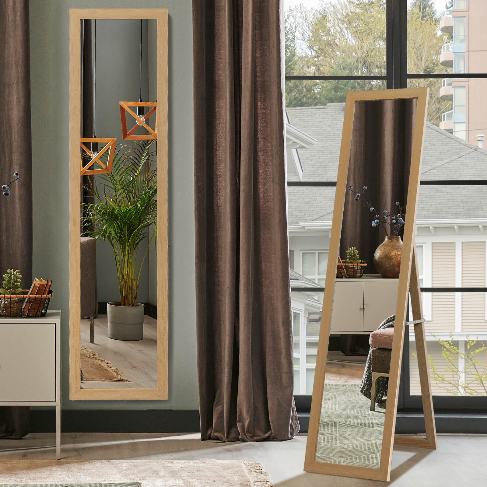 153 x 37 cm Wooden Frame Rectangle Full Length Mirror-Natural