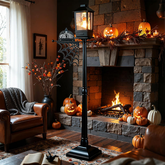 The Halloween lamp post in a cosy living room with a fireplace
