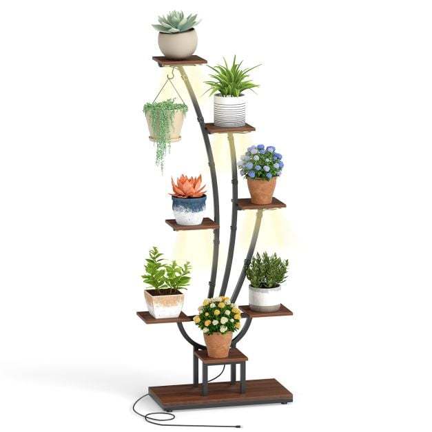 155CM Tall 8-Tier Corner Metal Plant Shelf for Multiple Plants-Black & Brown-Set of 2
