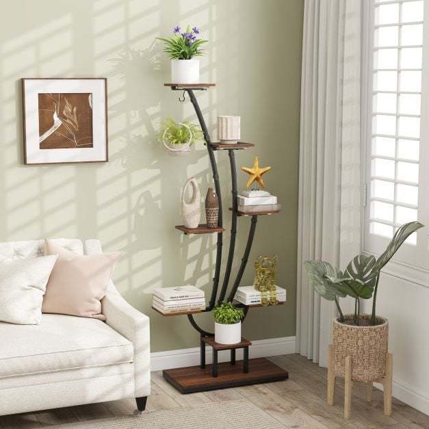 155CM Tall 8-Tier Corner Metal Plant Shelf for Multiple Plants-Black & Brown-Set of 2