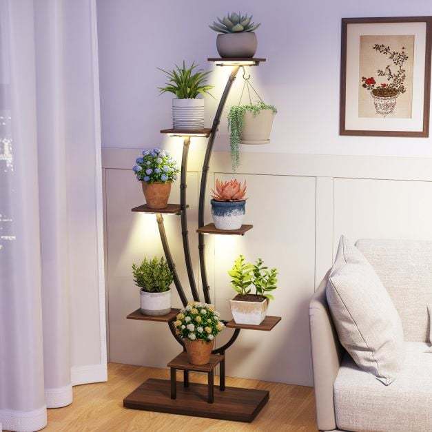 155CM Tall 8-Tier Corner Metal Plant Shelf for Multiple Plants-Black & Brown-Set of 2