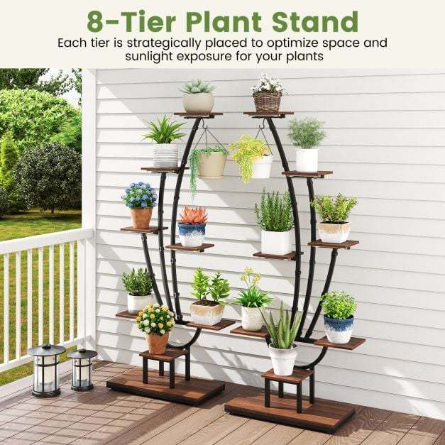 155CM Tall 8-Tier Corner Metal Plant Shelf for Multiple Plants-Black & Brown-Set of 2