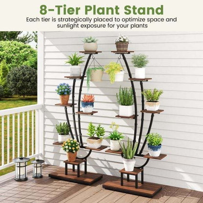 155CM Tall 8-Tier Corner Metal Plant Shelf for Multiple Plants-Black & Brown-Set of 2