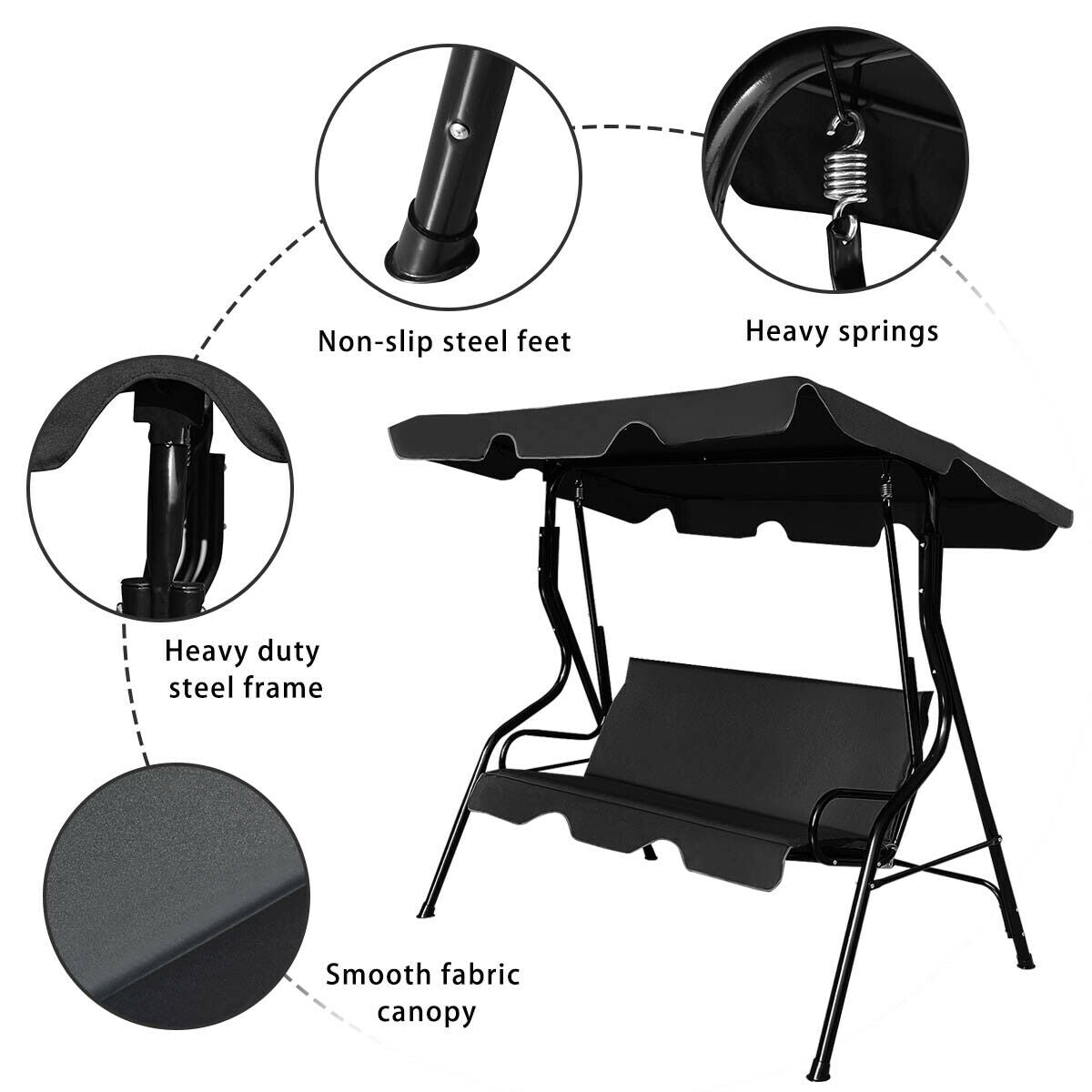 Garden Patio Metal Swing 3 Seater Lounger-Black