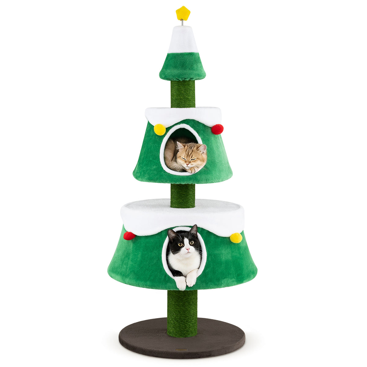 A green cat Christmas tree with two condos and scratching posts