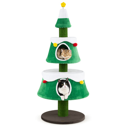 A green cat Christmas tree with two condos and scratching posts